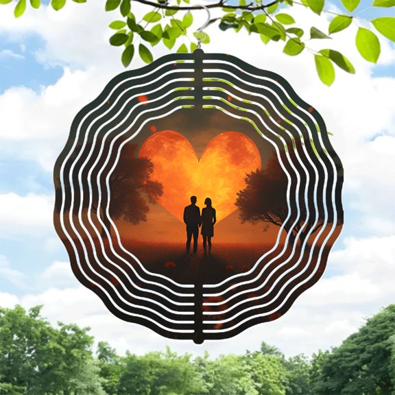Heart-Shaped Sunset Metal Wind Spinner with Silhouetted Figures - Vibrant Garden Decor with Concentric Wave Patterns