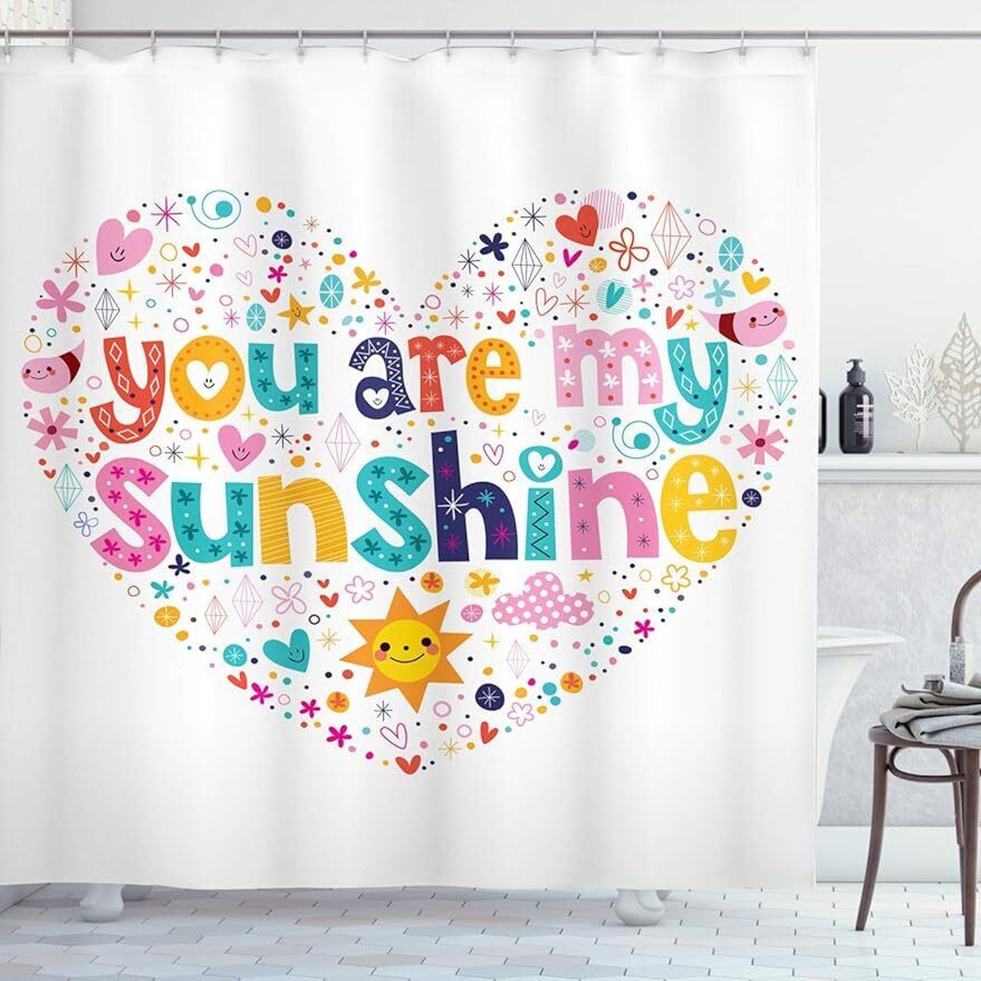 HeartShaped Sunshine Shower Curtain with Words Print Multicolor