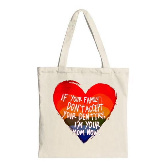 Heart-Shaped Tote Bag in Red & Orange with Fun Text: " IF YOUR FAMILY DON ' T YOUR I'm YOUR MOM NOW " - Perfect for Shopping & Travel