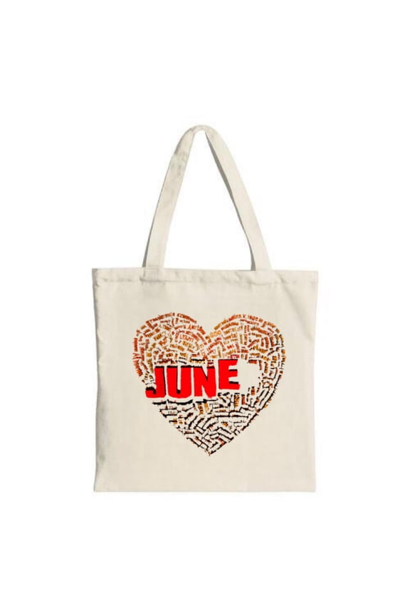 Heart-Shaped Tote Bag with Bold ' JUNE ' in Red Natural Fabric Perfect for Shopping Travel & Parties - Stylish & Multifunctional