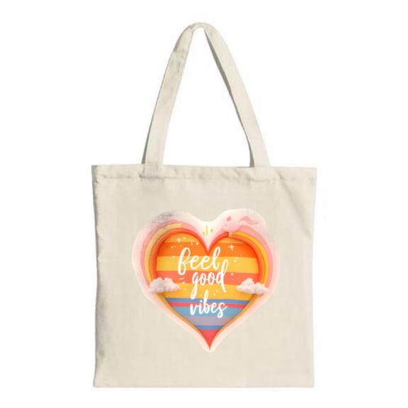 Heart-Shaped Tote Bag with Gradient Sunset Design - " Feel " in White Cursive Perfect for Shopping Travel & Parties