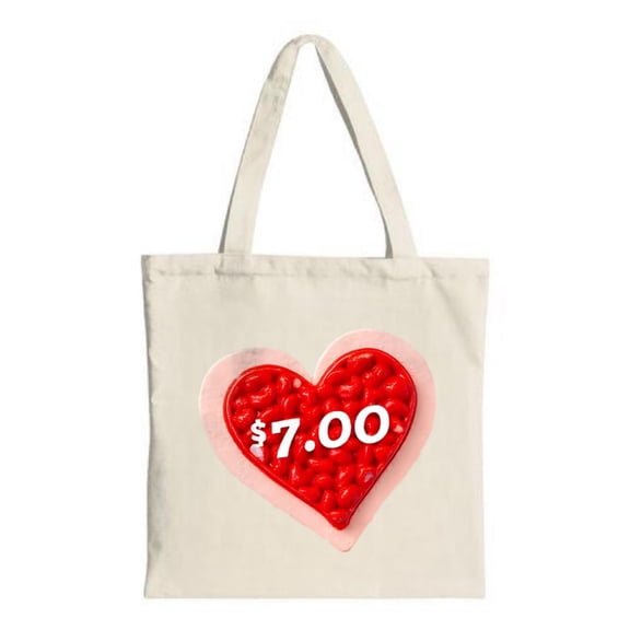 Heart-Shaped Tote Bag with Red Candy Design Pink Border & $7 00 Text - Stylish Canvas Bag for Shopping Parties & Travel