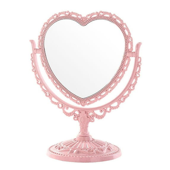 Heart Shaped Vanity Mirror with Stand - Decorative Tabletop Makeup Mirror for Bedroom Dresser, Portable Mirror with Handle for Travel - Light Pink