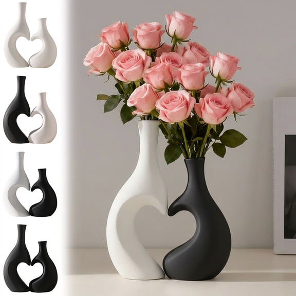 Heart Shaped Vase Set of 2, Modern Boho Hollow Flower Vases, Matte Frosted Texture Finish, Decorative Vases for Room, Home Book Shelf, Fireplace, Table Decor