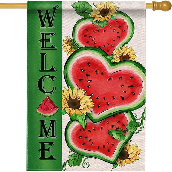 Heart-Shaped Watermelon Double-Sided Summer Welcome Flag, Sunflower Outdoor Large Decoration, Seasonal Large Decoration, Outdoor Decoration12 X 18