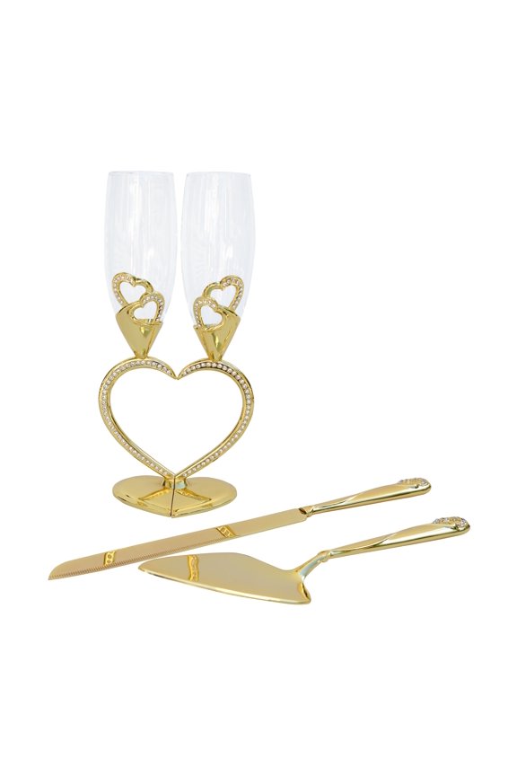 Heart Shaped Wedding Toasting Flutes & Cake Serving Set Duo