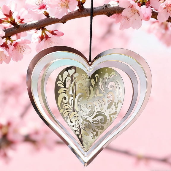 Heart Shaped Windmill Wind Chime, Staron Stainless Steel Rotating Outdoor Decor, Sparkling Reflective Valentine's Day Gift for Patio Garden Balcony Tree