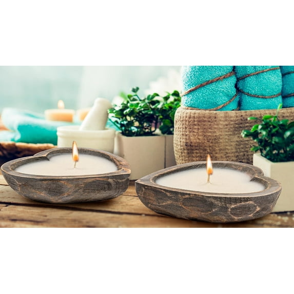 Bedding Craft Heart Shaped Wooden Bowl Candle with Soy Wax – 3 Wick Decorative Dough Bowl Candles – Vanilla Sandalwood Scent – Rustic Grey Wash – 5 oz – Set of 2, 6"