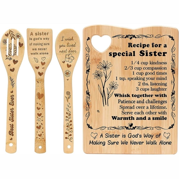 Heart Shaped Wooden Cutting Board Set with Spatula and Spoons, Natural Hardwood Chopping Block for Vegetables Meat Dough, Anti-Slip Kitchen Tool with Hanging Hole, Log Color