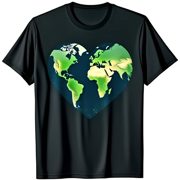 Heart Shaped World Map Black T-Shirt Detailed Green & Blue Design Short Sleeves