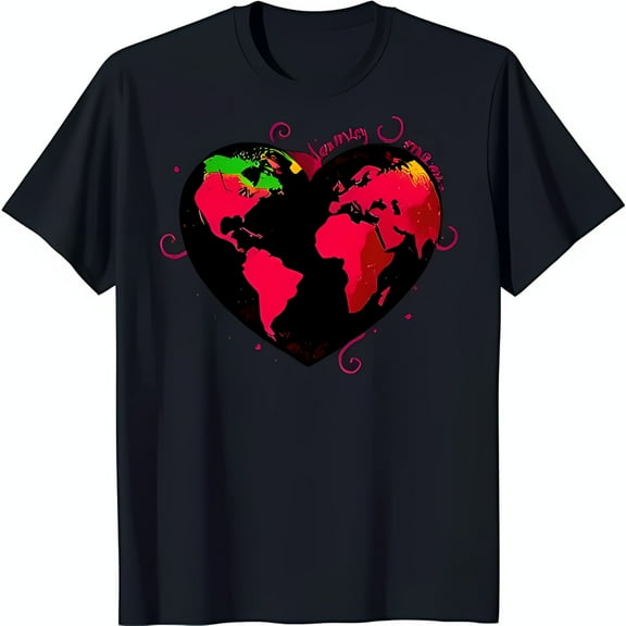 Heart Shaped World Map Black T-Shirt with Love My World Inscription Bold Design