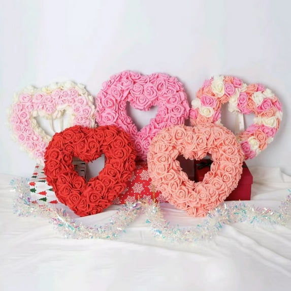Heart Shaped Wreath Floral Rose Artificial Garland Door Wreath for Home Wedding Valentine's Day Decoration,12"