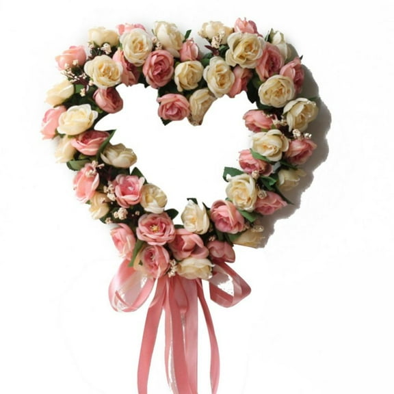 Heart Shaped Wreath Floral Rose Artificial Garland Door Wreath for Home Wedding Valentine's Day Decoration, Red Pink, 14 inches