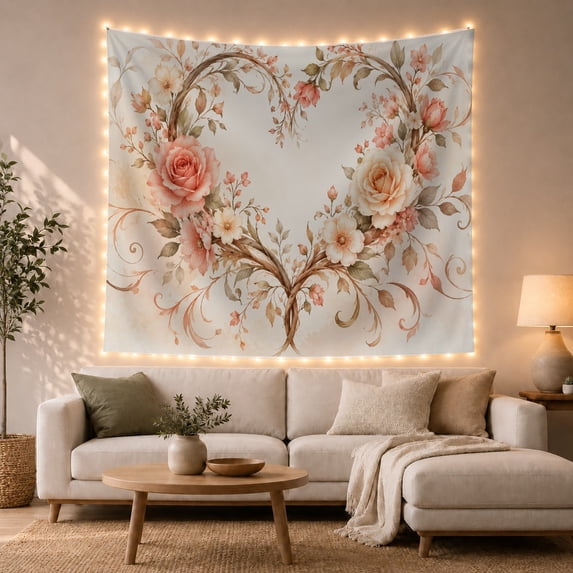 Heart-Shaped Wreath with Pink Roses and Curling Vines, Romantic Boho for Plant Lovers, Botanical Wall Art Anniversary Gift Tapestry Wall Hanging for Bedroom and Living Room