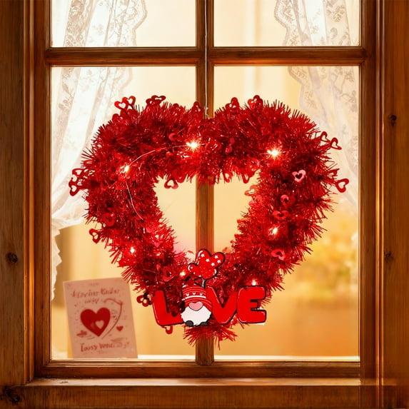 Heart Shaped Wreath, Valentine's Day Floral Wreath with LED Lights, Love Heart Garland, Pre-Lit Decoration for Door and Holiday Decor(With light)