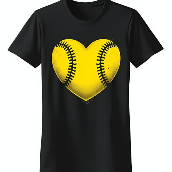 Heart Shaped Yellow Softball Graphic Black T-Shirt for Softball Lovers