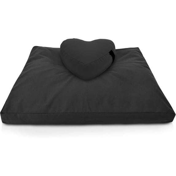 Heart Shaped Zafu Pillow with Meditation Cushion - Organic Buckwheat Filled Heart Pillow and Cotton Filled Zabuton Floor Pad - Tibetan Style Yoga Knee Pad - Black