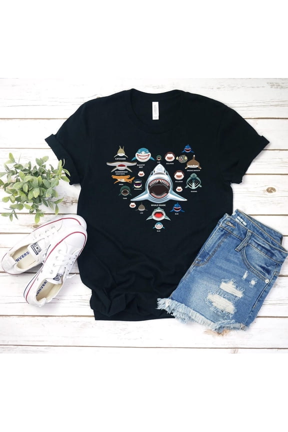 Heart Shark Faces Types Ocean Predators Sharkaholic Sea T-Shirt - All Size S-5XL