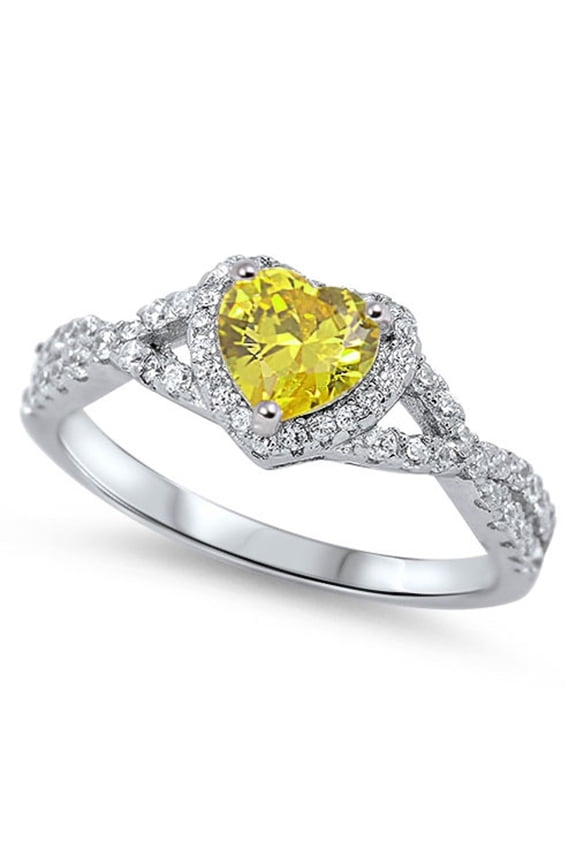 Heart Sheped Yellow Stone Surrounded By Round Cubic Zirconia Swirl Design Ring Sterling Silver 925