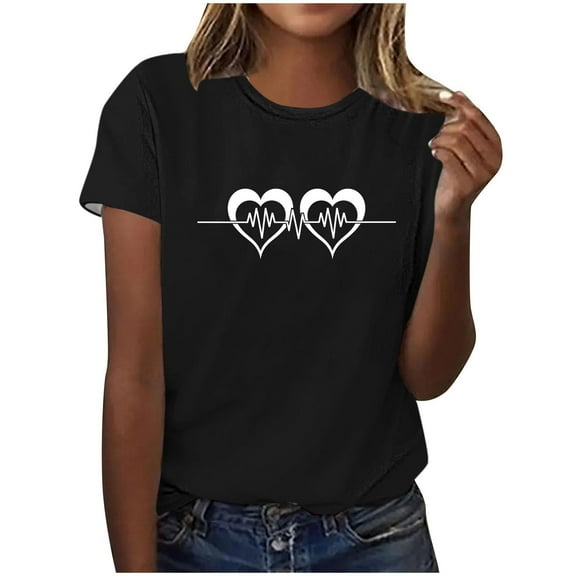 Heart Shirt Women Basic Tee Short Sleeve Blouse Trendy Round Neck Pullover Tops Casual Shirts
