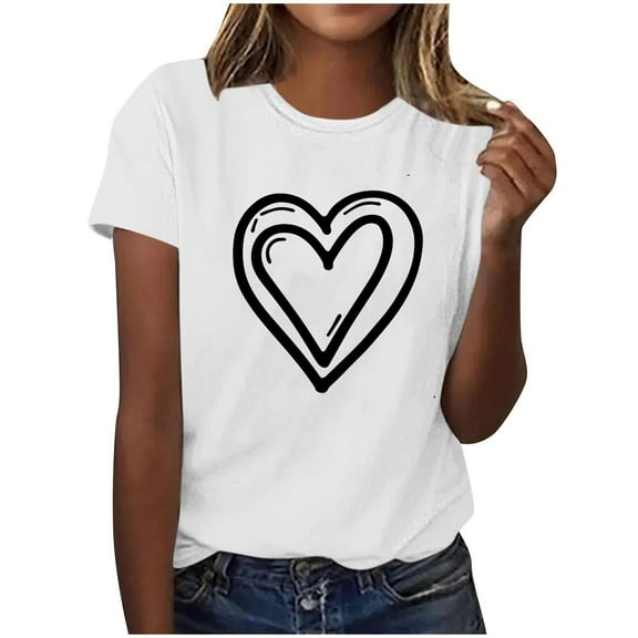 Heart Shirt Women Basic Tee Short Sleeve Blouse Trendy Round Neck Pullover Tops Casual Shirts