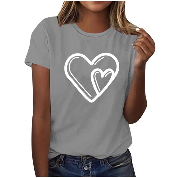 Heart Shirt Women Basic Tee Short Sleeve Blouse Trendy Round Neck Pullover Tops Casual Shirts