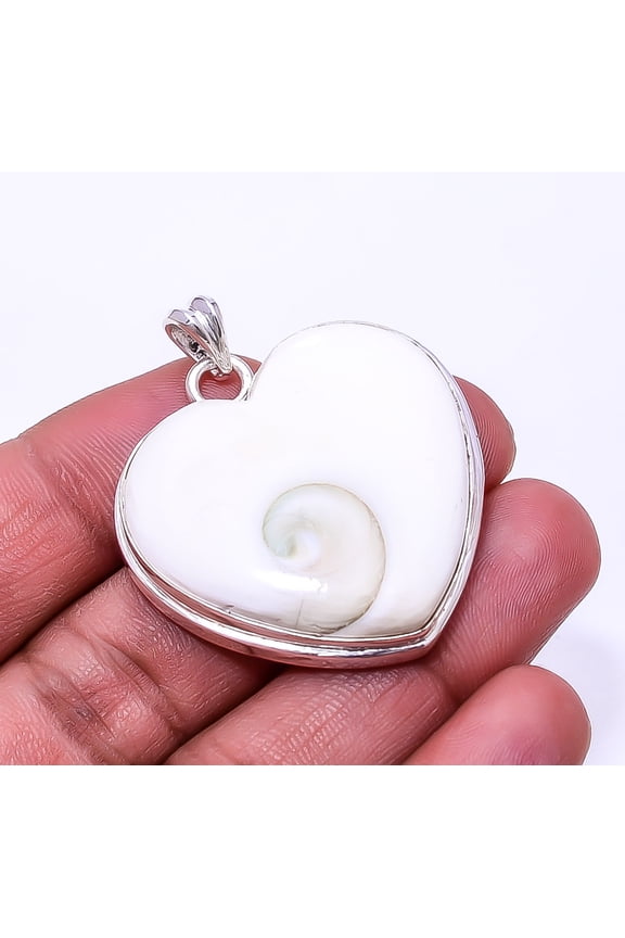 Heart -Shiva Eye Shell-Turkey 925 Silver Plated Pendant 1.64", Off White Shiva Eye Shell Pendant P_9362_373_44