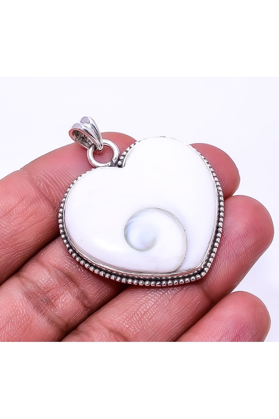 Heart -Shiva Eye Shell-Turkey 925 Silver Plated Pendant 1.72", Off White Shiva Eye Shell Pendant P_9362_373_29