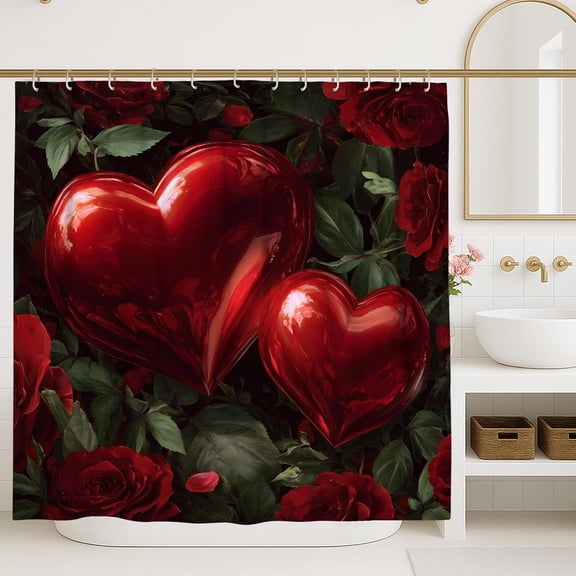 Heart Shower Curtain, Romantic Rose Leaf Valentine Bath Curtain, Elegant Red Bathroom Decor, Waterproof Polyester Fabric with Hooks 36"W x 72"H
