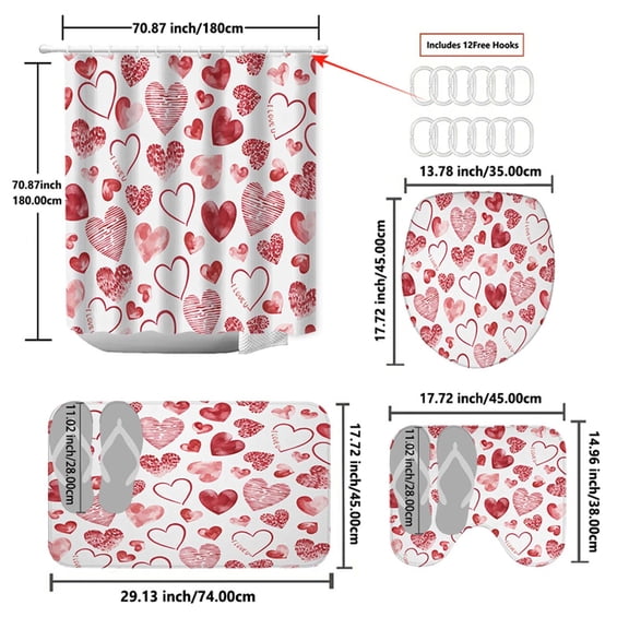 Heart Shower Curtain Set 4 Piece Bathroom Decor Romantic Valentine's Day Theme Waterproof Fabric with Floor Mat Toilet Seat Cover Home Bathroom Accessories