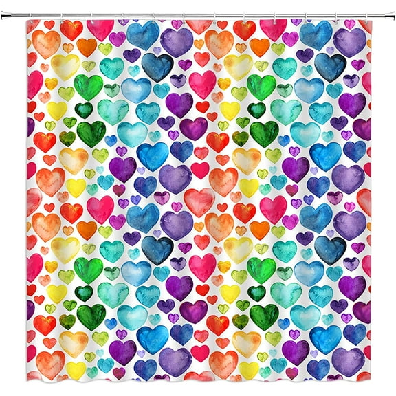 Heart Shower Curtain Valentine''s Day Colorful Heart Watercolor Romantic Sweet Couple Fabric Bathroom Decor Curtain with Hooks,Red Blue Purple