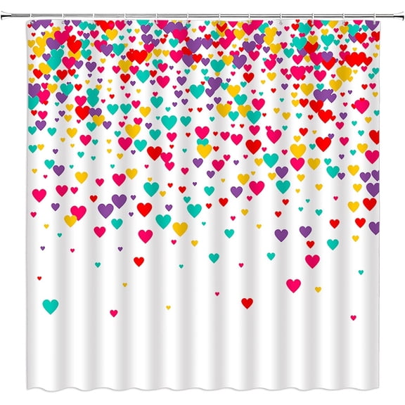 Heart Shower Curtain Valentine''s Day Falling Heart Sweet Love Romantic Couple Polyester Bathroom Decor Curtain with Hook,Red Yellow Teal