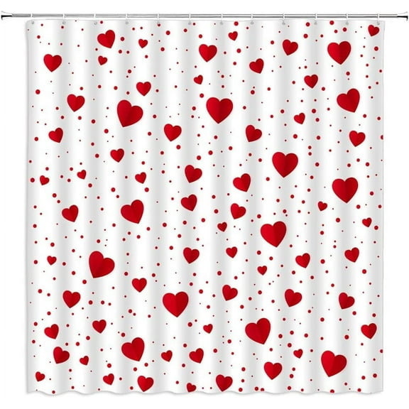 Heart Shower Curtain Valentine''s Day Red Heart Polka Dot Romantic Sweet Couple Fabric Bathroom Decor Curtain with Hooks,Red