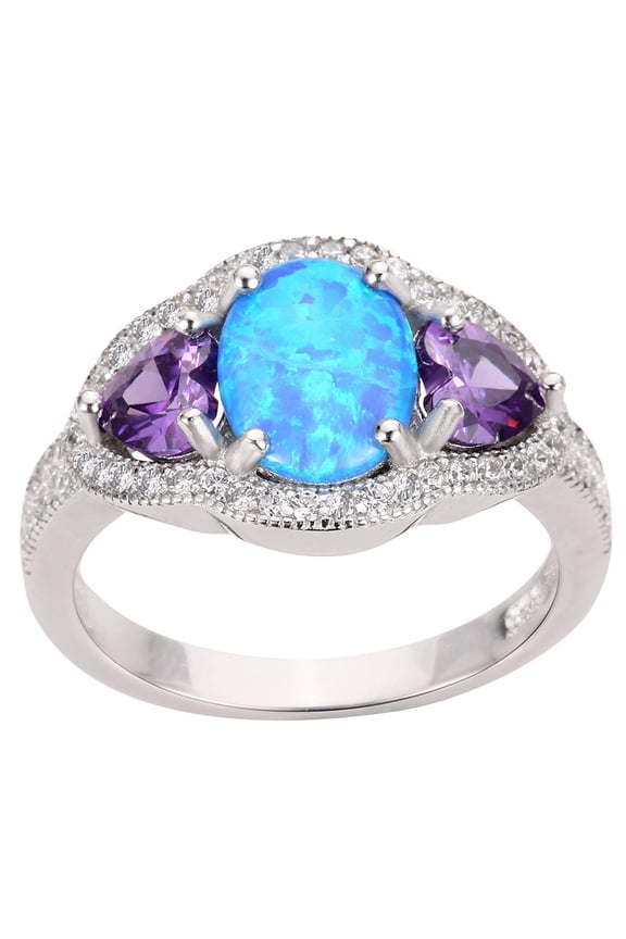 Heart Sided Simulated Amethyst Blue Simulated Opal Cubic Zirconia Ring Sterling Silver Size 9
