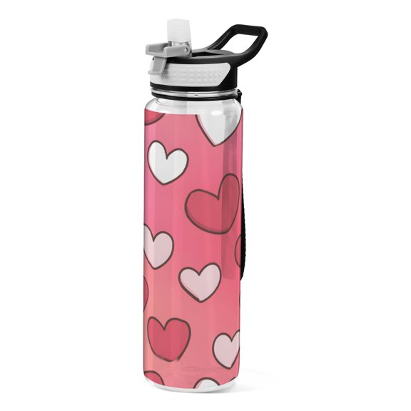 Heart Simple Red White Sport Water Bottle Tritan with Straw 1000ml Portable for Outdoor Daily Use