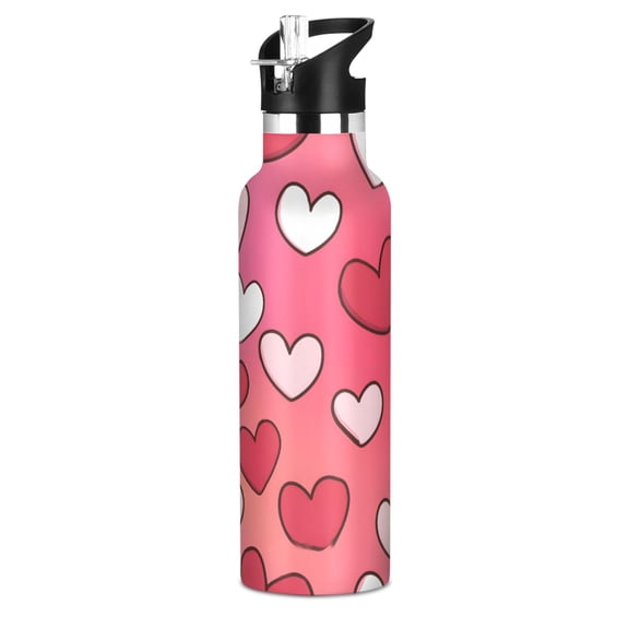 Heart Simple Red White Sport Water Bottle for Kids Insulated with Straw for School Outdoor Daily Use