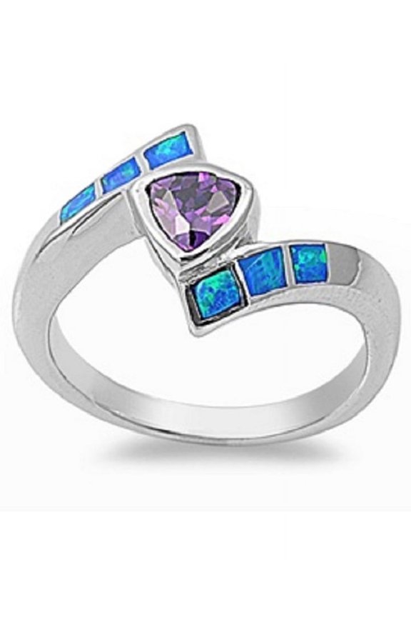 Heart Simulated Amethyst Cubic Zirconia Tension Blue Simulated Opal Ring Sterling Silver Size 7