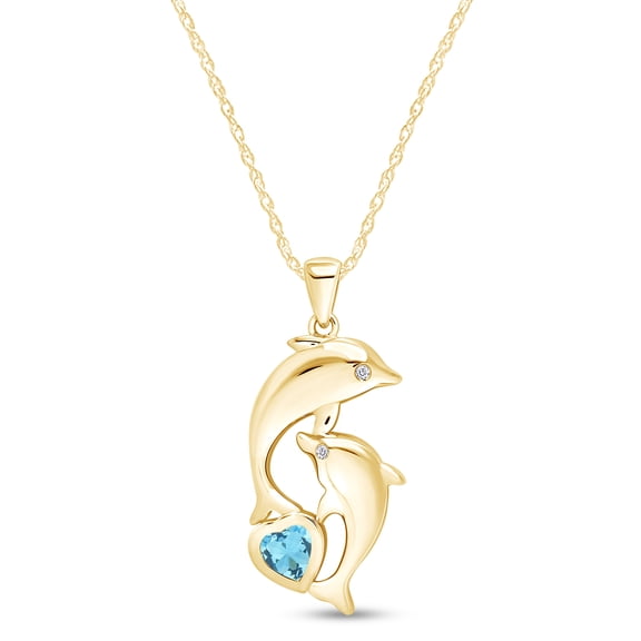 AFFY Heart Simulated Aquamarine & Cubic Zirconia Dolphin Pendant Necklace 14K Yellow Gold over Silver