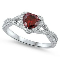 Heart Simulated Garnet Surrounded By Round Cubic Zirconia Swirl Design Ring Sterling Silver 925