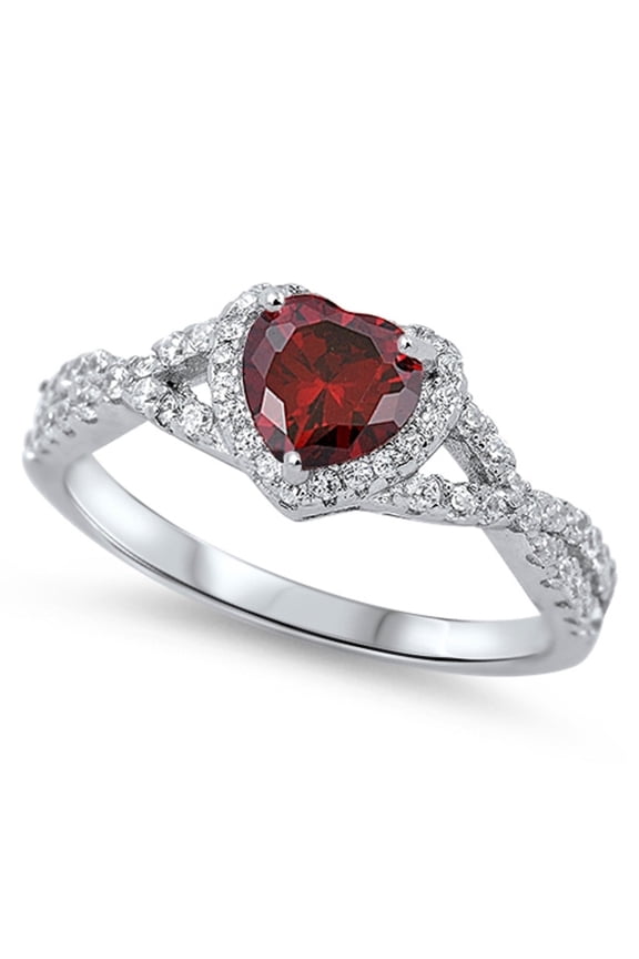 Heart Simulated Garnet Surrounded By Round Cubic Zirconia Swirl Design Ring Sterling Silver 925