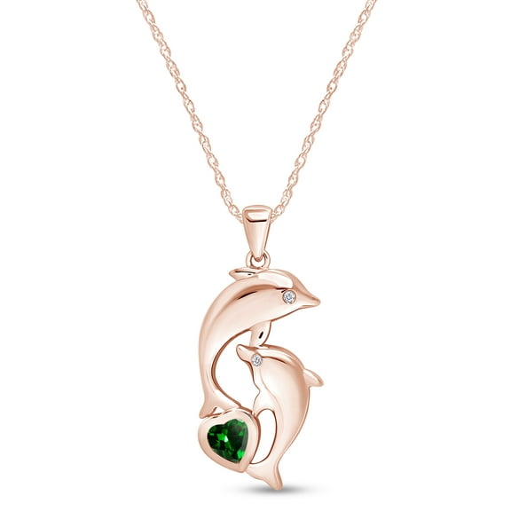 AFFY Heart Simulated Emerald & Cubic Zirconia Dolphin Pendant Necklace 14K Rose Gold over Silver