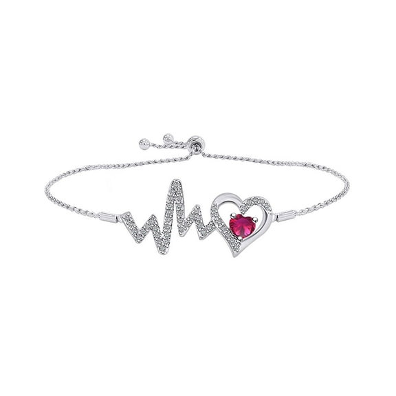 AFFY Heart Simulated Ruby & White Cubic Zirconia Heartbeat Bolo Bracelet 14k White Gold Over Sterling SWhite Gold ilver-7.5"