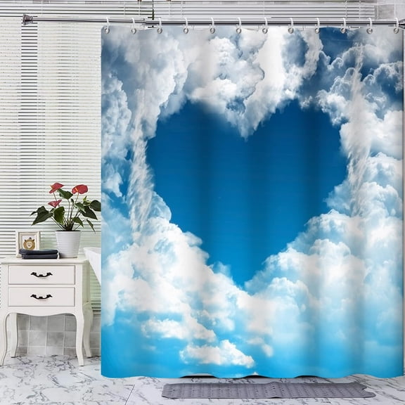 Heart Sky Shower Curtain Love Heart Blue Sky in White Clouds Happy Valentine''s Day Shower Curtain for Bathroom Water Repellent Polyester 72W x 72L inch