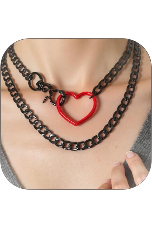 Heart Slip Chain Necklace Chunky Gold Silver Lariat Y Necklace for Women Chunky Puffy Heart Choker Affection Link Stainless Steel Punk Trendy
