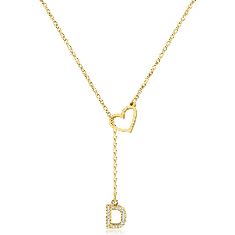 Heart Slip Chain Necklace For Women, 14k Gold Plated A-Z Initial