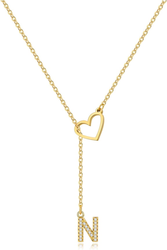 Heart Slip Chain Necklace For Women, 14k Gold Plated A-Z Initial Zirconia Inlaid Pendant Charm Choker Statement Gift Jewelry