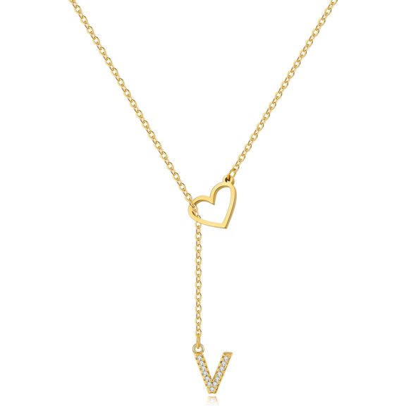 Heart Slip Chain Necklace For Women, 14k Gold Plated A-Z Initial Zirconia Inlaid Pendant Charm Choker Statement Gift Jewelry