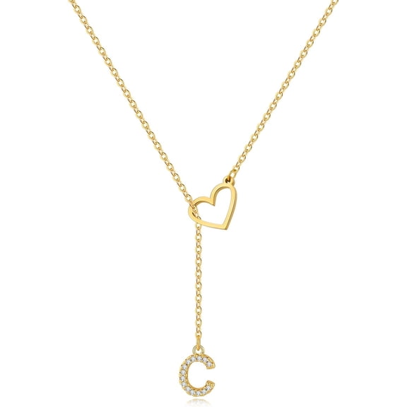 Heart Slip Chain Necklace For Women, 14k Gold Plated A-Z Initial Zirconia Inlaid Pendant Charm Choker Statement Gift Jewelry