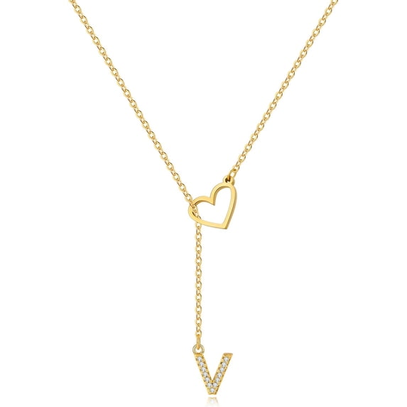 Heart Slip Chain Necklace For Women, 14k Gold Plated A-Z Initial Zirconia Inlaid Pendant Charm Choker Statement Gift Jewelry
