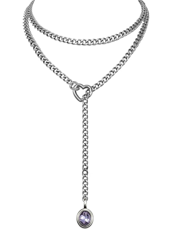 Heart Slip Chain Necklace for Women, 39 Inch Cuban Chain, Removable Heart O-Ring, Crystal Pendant, Adjustable Stainless Steel Y-Necklace